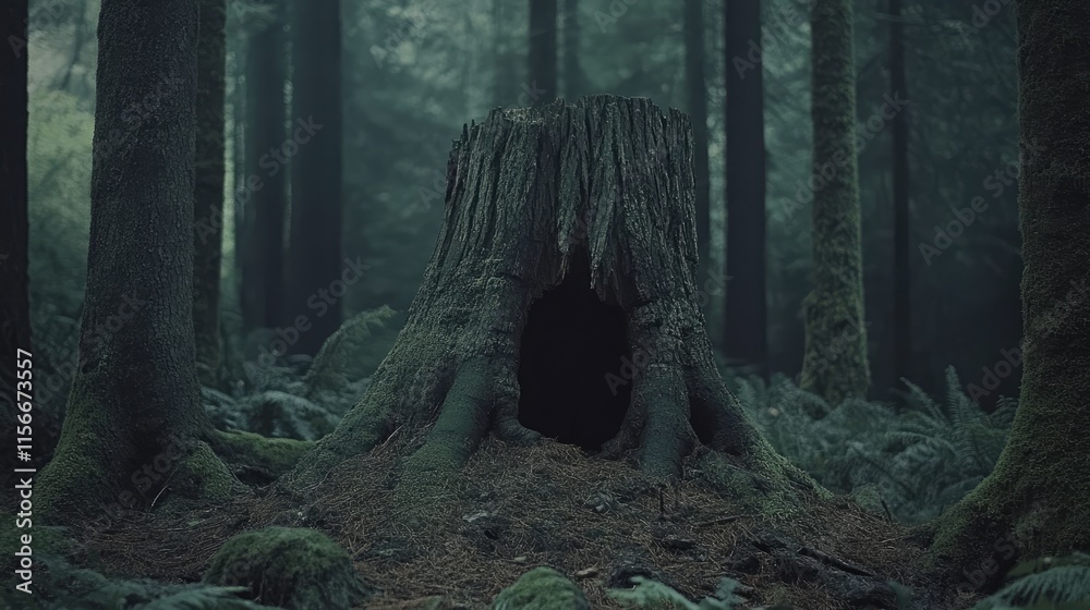Aufkleber Mysterious tree trunk surrounded by dense forest creating an enchanting woodland atmosphere ideal for nature-related themes