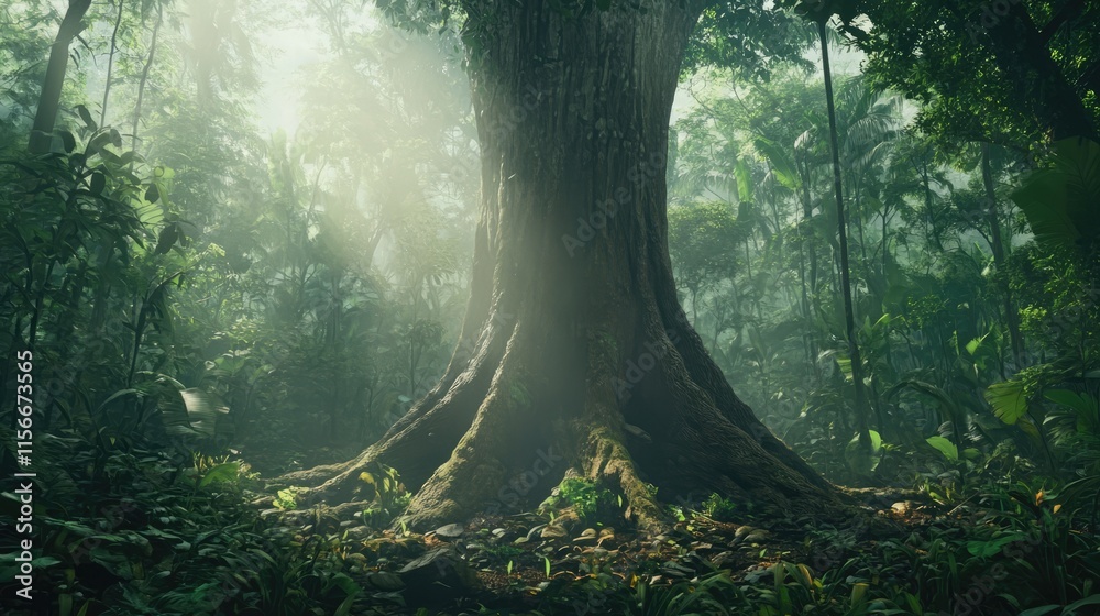 Poster majestic tree trunk in serene forest setting with sunlight filtering through lush green foliage