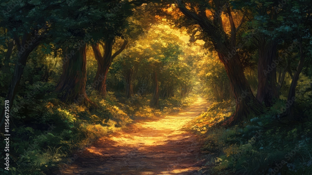 Aufkleber Serene sunlit path through a lush tree-lined forest creating a tranquil and inviting natural ambiance