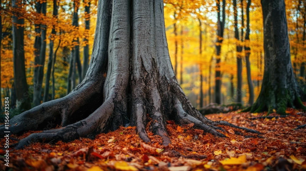 Poster textured tree trunk surrounded by autumn foliage and vibrant colored leaves in serene forest setting