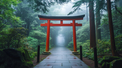 Torii gate in a misty forest pathway