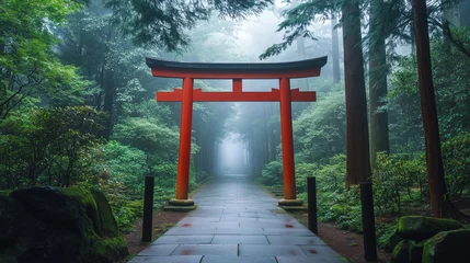 Fotobehang Torii gate in a misty forest pathway © IMRM