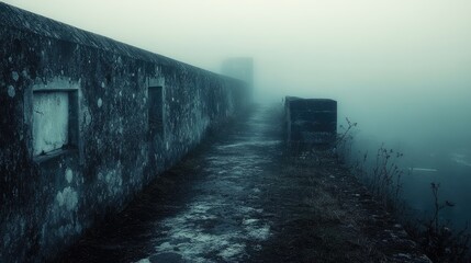 Obraz premium Mysterious fog envelops an ancient stone wall along a desolate path, creating an eerie atmosphere of solitude and timelessness.