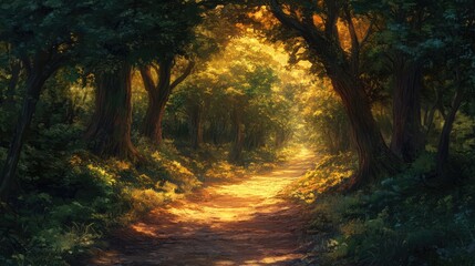 Naklejka premium Serene sunlit path through a lush tree-lined forest creating a tranquil and inviting natural ambiance