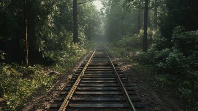 Train tracks winding through a serene forest landscape creating a sense of adventure and nature's tranquility in a sunlit environment - Powered by Adobe