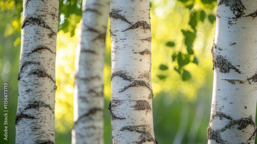 Poster birch tree trunks with distinctive bark illuminated by sunlight against a soft green foliage background