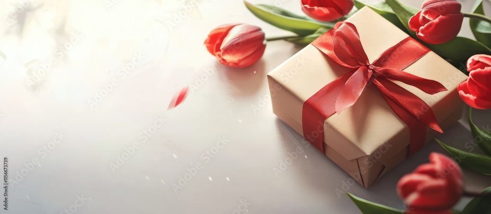 Poster tulips and a beautifully wrapped gift box elegantly arranged on a soft light background for spring o