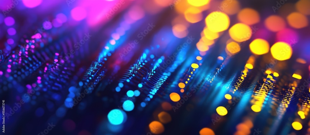 Poster neon bokeh lights in vibrant blue yellow and purple creating a festive and colorful abstract backgro
