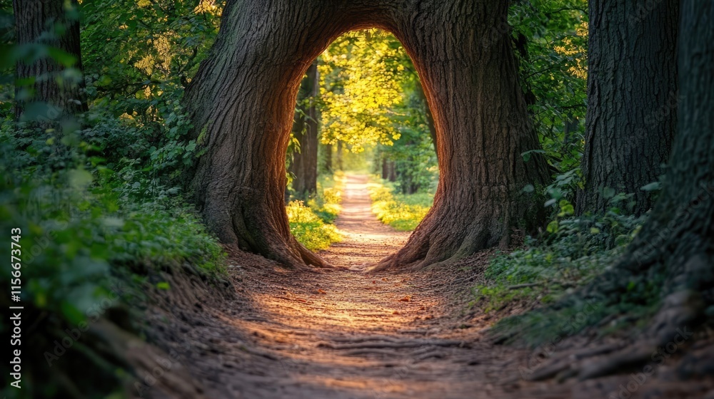 Poster majestic tree trunk archway leading into a serene forest path illuminated by morning sunlight