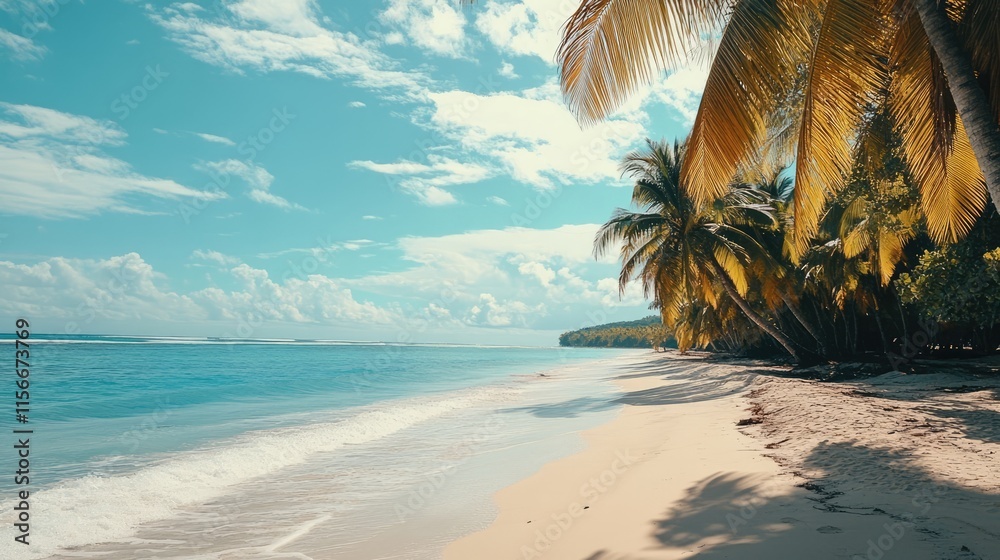 Aufkleber serene tropical beach scene with palm trees swaying over pristine golden sand and tranquil turquoise