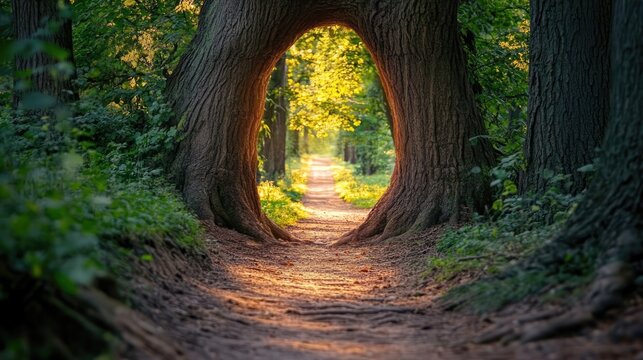 Majestic tree trunk archway leading into a serene forest path illuminated by morning sunlight