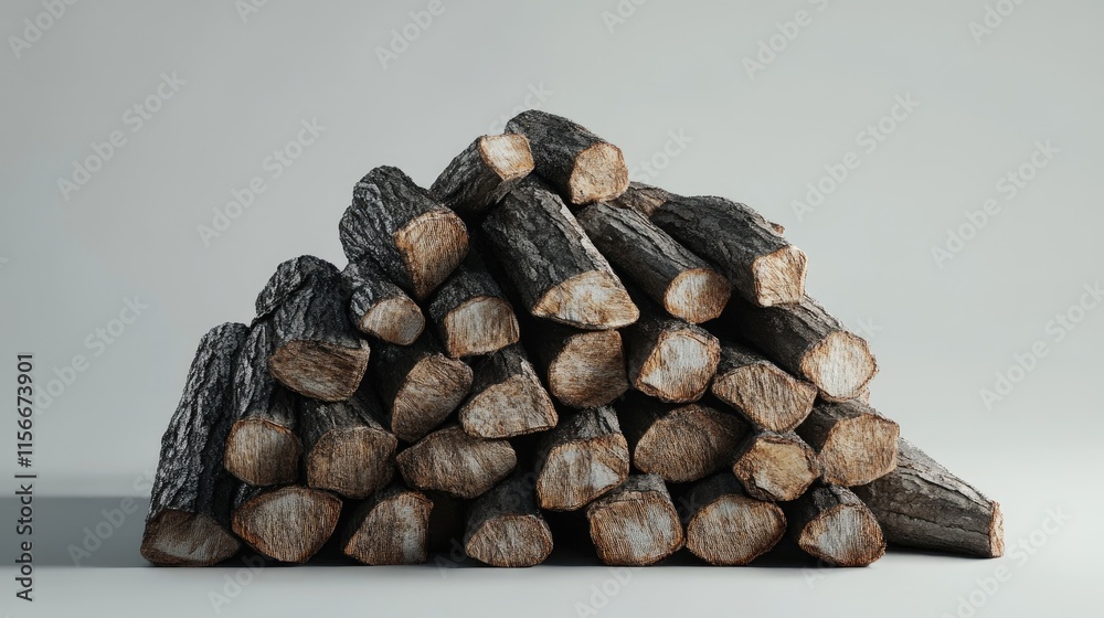 Poster stacked firewood logs neatly arranged on a neutral background showcasing natural textures and woodgr