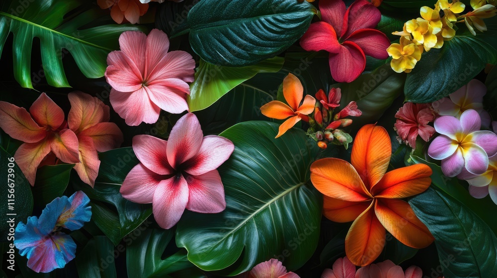 Poster vibrant tropical flowers arranged with lush green leaves creating a vivid and colorful nature backgr