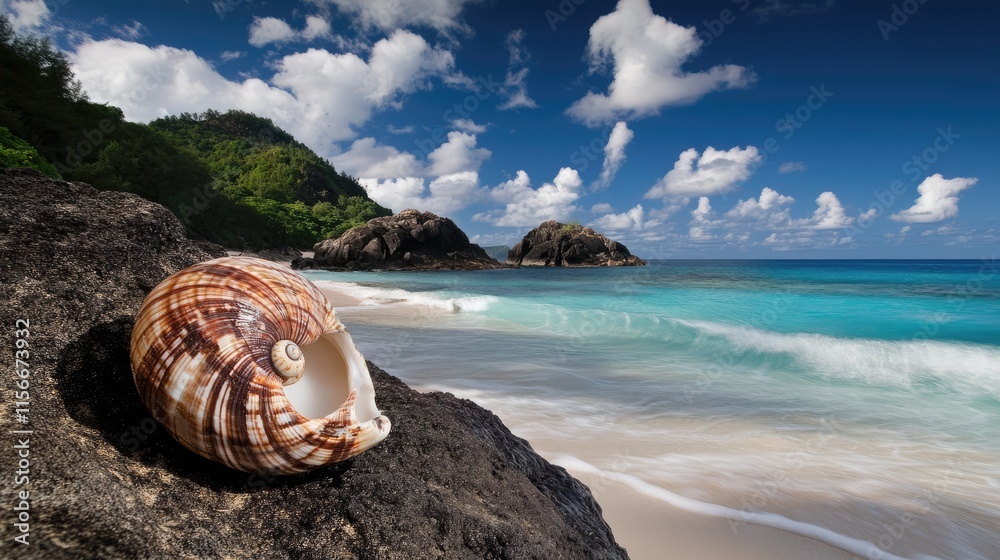 Poster tropical beach scenery featuring a large shell on a rock with vibrant ocean waves and dramatic cloud
