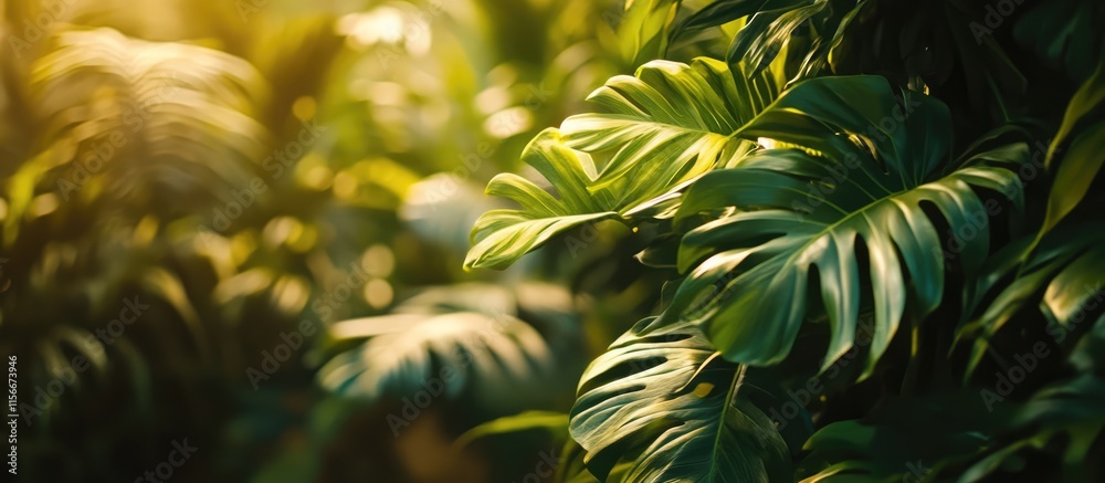 Poster lush tropical leaves creating a serene summer backdrop for nature-themed designs and concepts.