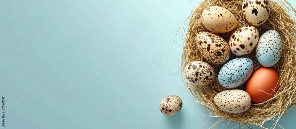 Poster easter flat lay showcasing a variety of quail and chicken eggs nestled in straw against a soft blue 