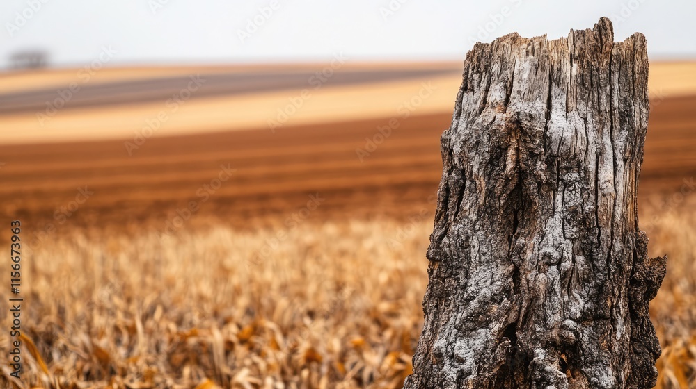 Aufkleber Tree trunk in focus with a soft blurred background of golden fields and farmland in a serene rural landscape setting