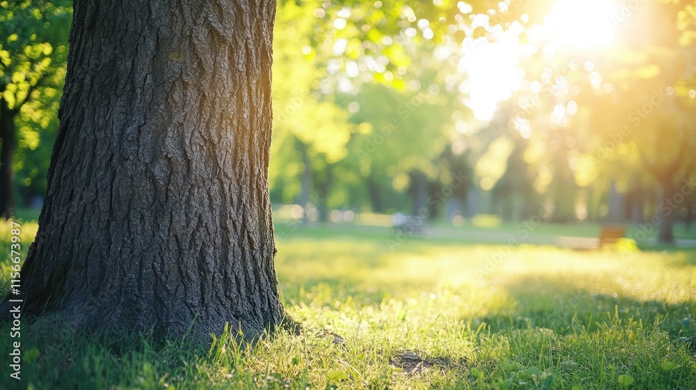 Poster closeup of a textured tree trunk in a sunlit park with lush greenery and blurred background in a tra