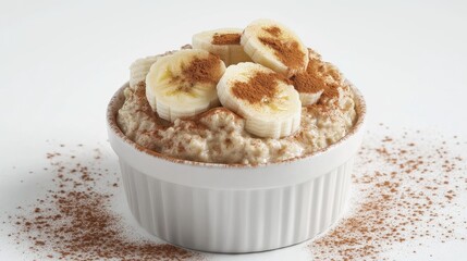 A simple bowl of creamy oatmeal garnished with sliced bananas and cinnamon powder on a pristine white background.