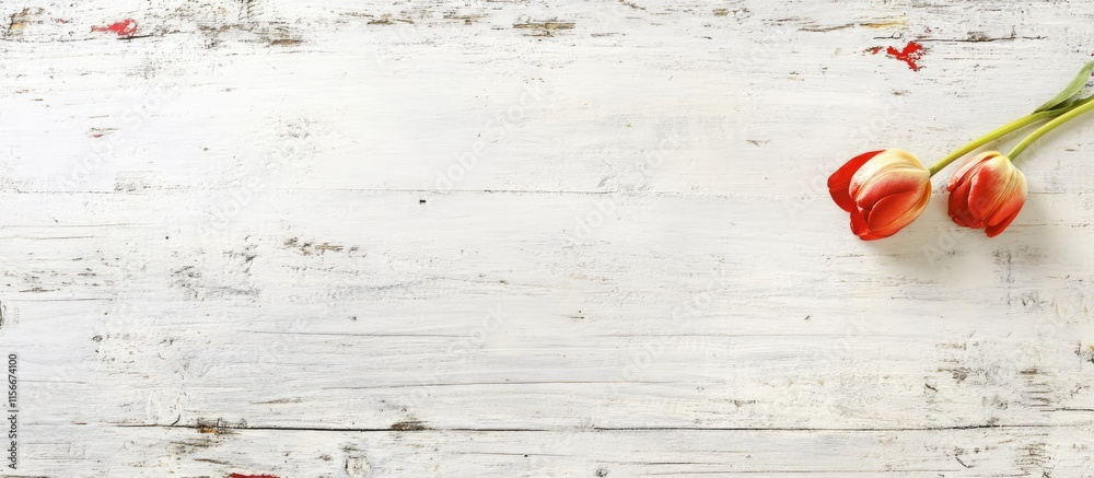 Aufkleber Red and white tulips on a rustic white wooden surface with ample negative space for text or design elements