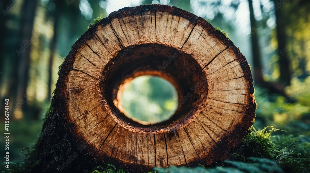 Aufkleber close-up view of a hollowed tree trunk showcasing intricate wood grain and a glimpse of the forest b
