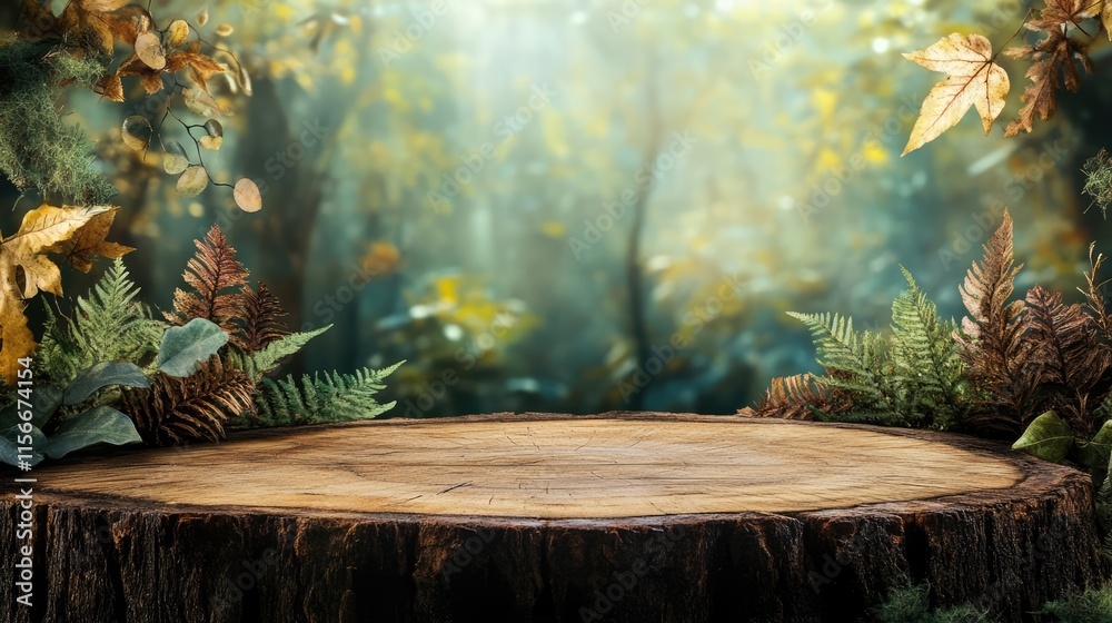 Poster Tree trunk in serene forest setting with ample space for decorative elements and nature-themed displays. Ideal for seasonal promotions.