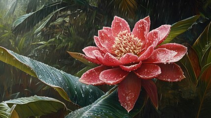 Pink torch ginger flower glistening with raindrops in a lush tropical rainforest setting