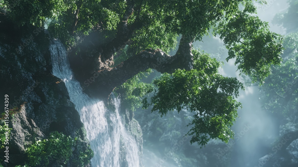 Aufkleber Majestic trees surrounding a cascading waterfall in a serene forest setting with mist and vibrant greenery