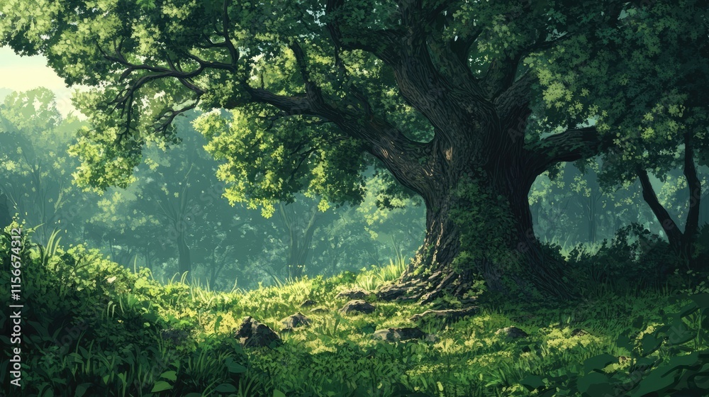 Aufkleber majestic old tree in a serene forest setting showcasing vibrant green leaves and lush undergrowth cr