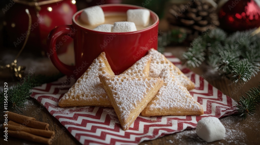 Poster cozy winter scene featuring triangular cookies dusted with powdered sugar beside a red mug filled wi