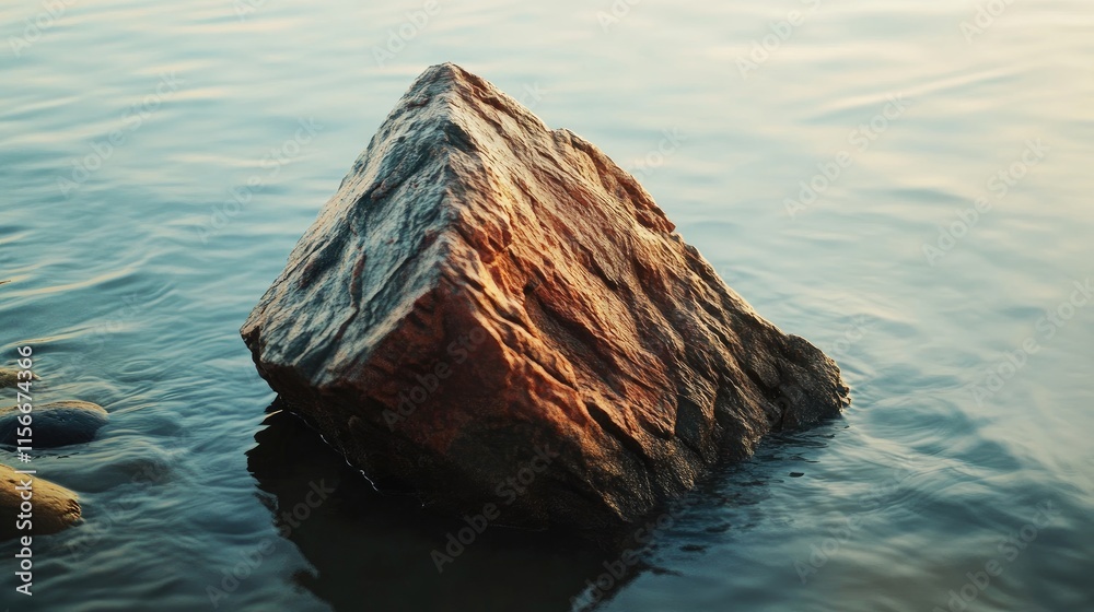 Poster triangle shaped red rock emerging from calm river water reflecting warm sunlight in a serene natural