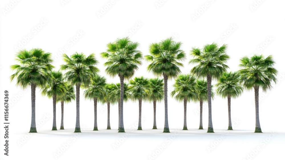 Poster Sugar palm trees lined in a row on a clean white background creating a vibrant tropical atmosphere ideal for nature and travel themes.