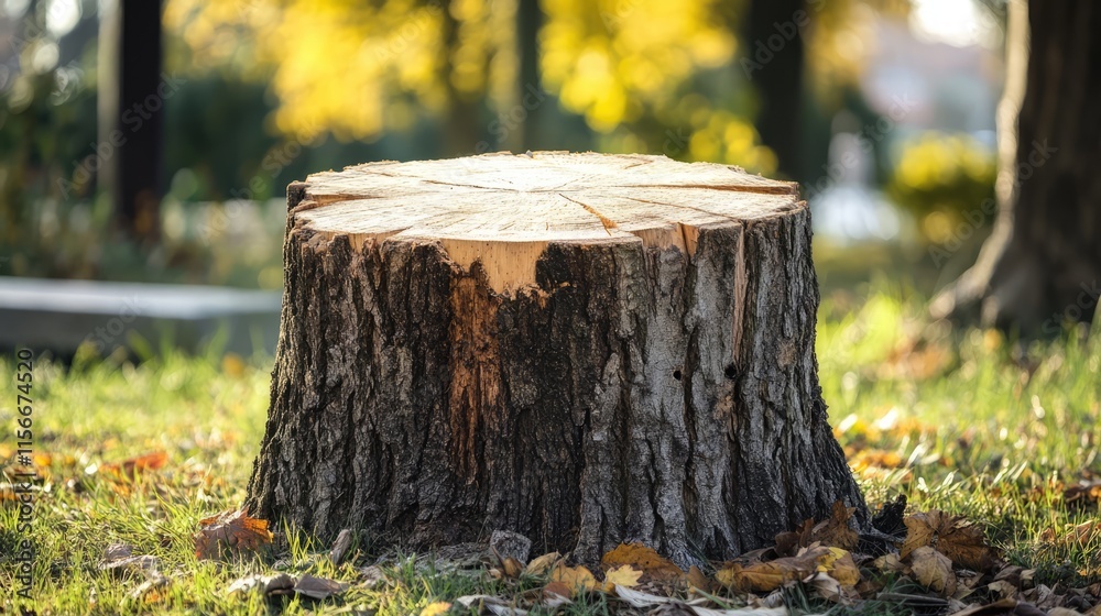 Poster Tree stump in autumn park setting surrounded by vibrant foliage and soft sunlight creating a serene natural atmosphere
