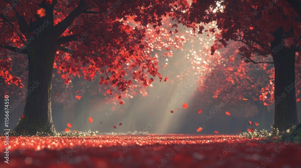 Poster autumn park scene featuring oak trees with vibrant red leaves and soft sunlight filtering through th