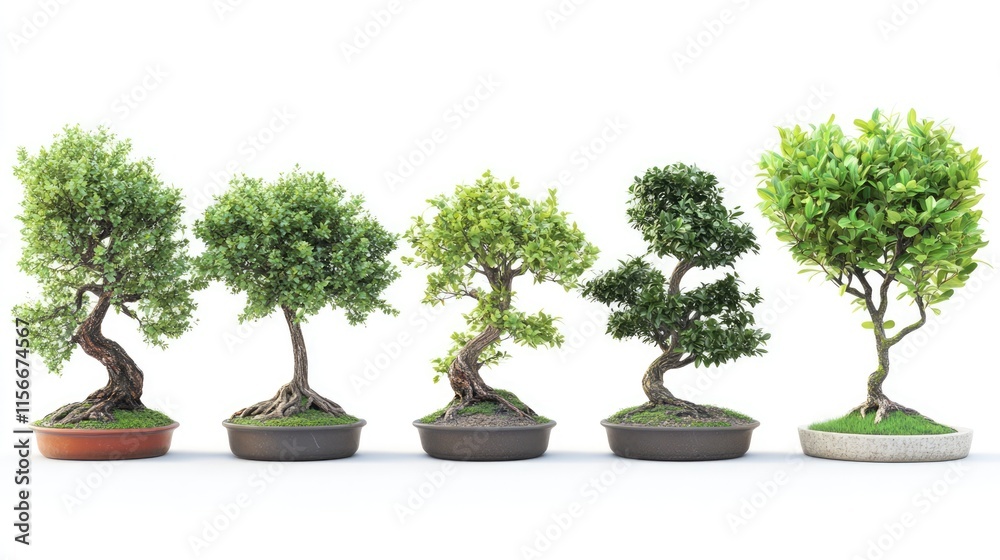 Leinwandbilder bonsai trees with lush green leaves displayed in varied styles and pots isolated on a white backgrou