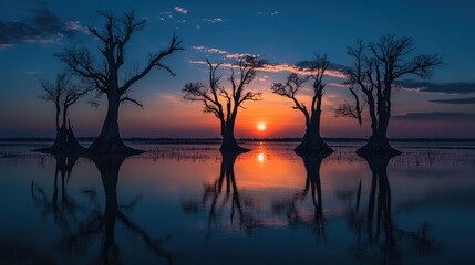 Silhouetted trees reflecting on a serene lake during a vibrant sunset under a colorful sky