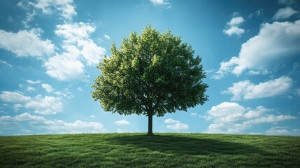 Obraz premium Lone tree against a vibrant blue sky with fluffy clouds on a green hillside creating a serene natural landscape scene