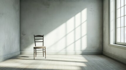 A single chair in a vast, empty room with soft light streaming through a window, highlighting the feeling of loneliness.