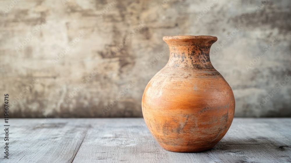 Poster rustic ceramic clay vase with unique texture on wooden surface against blurred neutral background fo