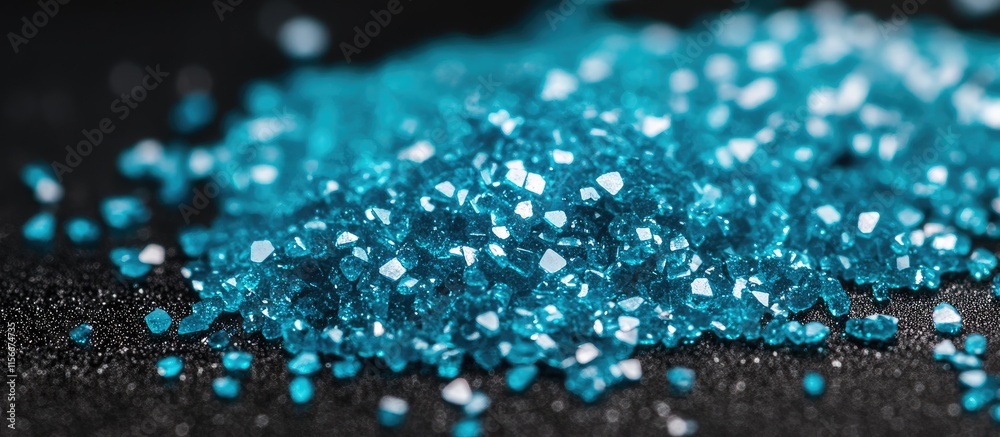 Poster Turquoise glitter particles shimmering on a black background creating an enchanting snowflake or diamond effect