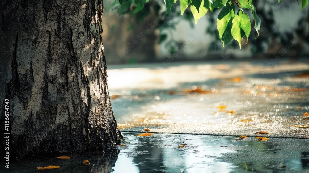 Poster close-up of tree trunk next to wet sidewalk with green foliage and reflections highlights nature's b