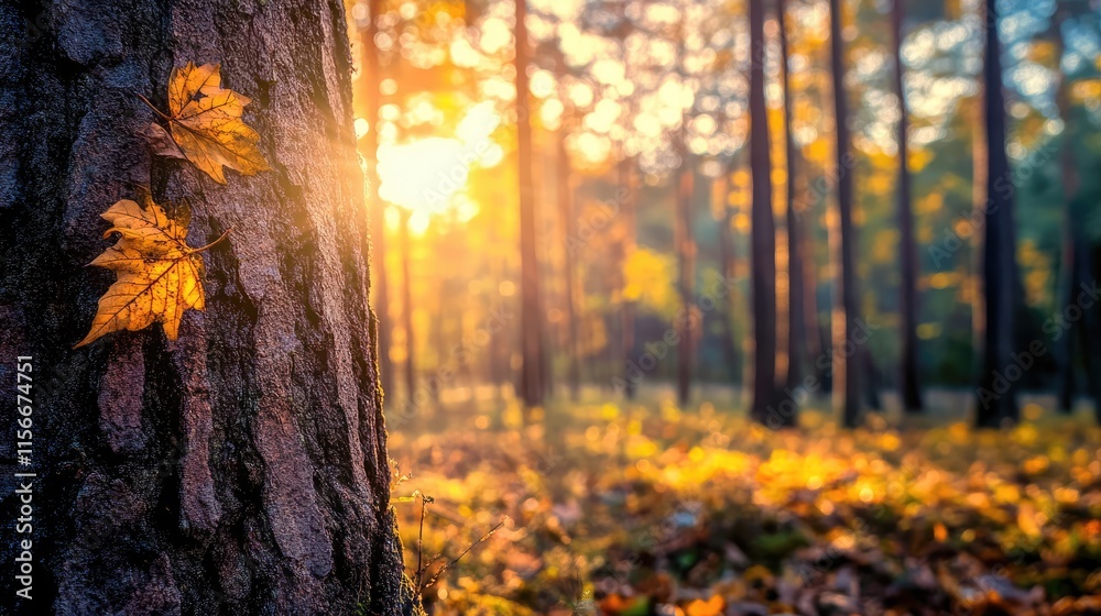 Poster autumn forest landscape with sunlit tree trunk and golden leaves creating a warm, inviting atmospher