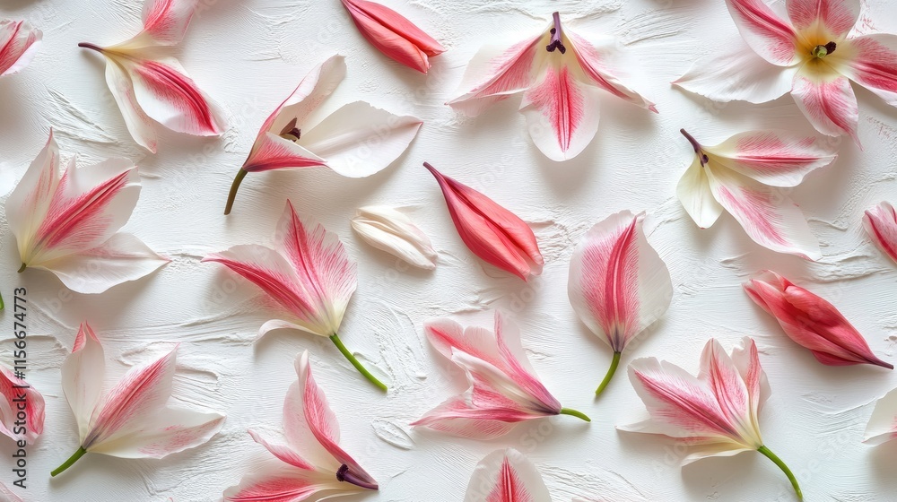 Poster close up of delicate tulip petals arranged on a white background creating a serene floral spring the