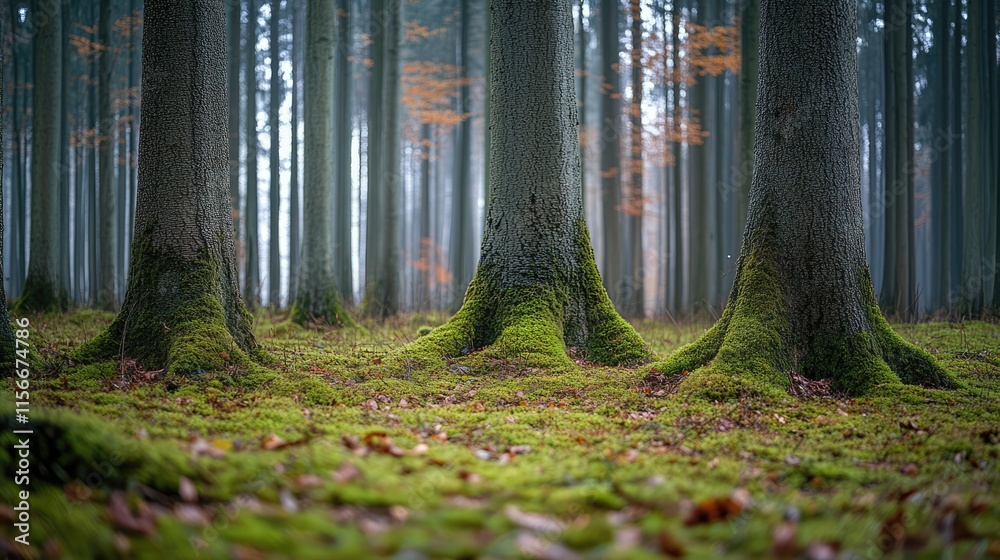 Aufkleber Moss-covered tree trunks in tranquil forest showcasing nature's beauty and serenity with soft light filtering through the trees.