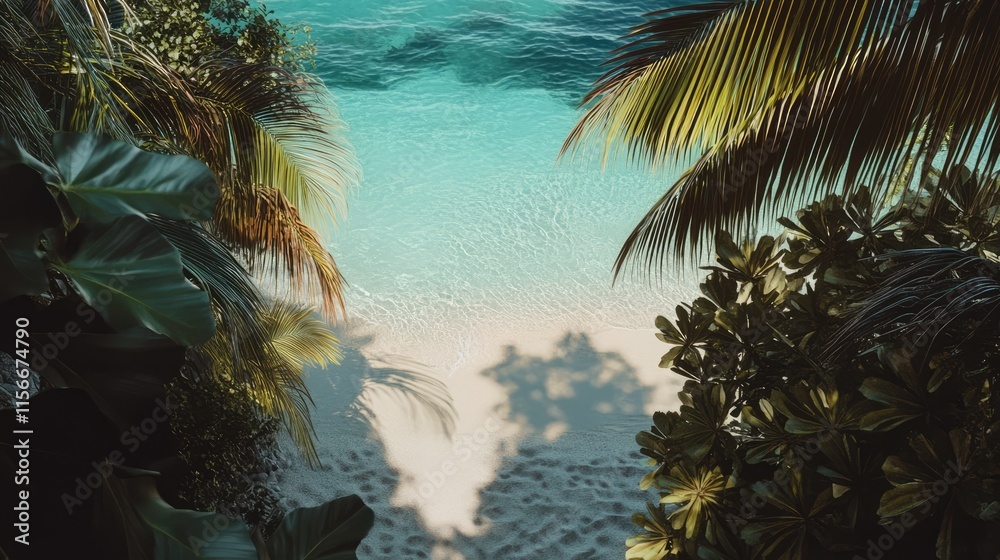 Aufkleber serene tropical beach with crystal clear water surrounded by lush greenery and palm trees in a relax