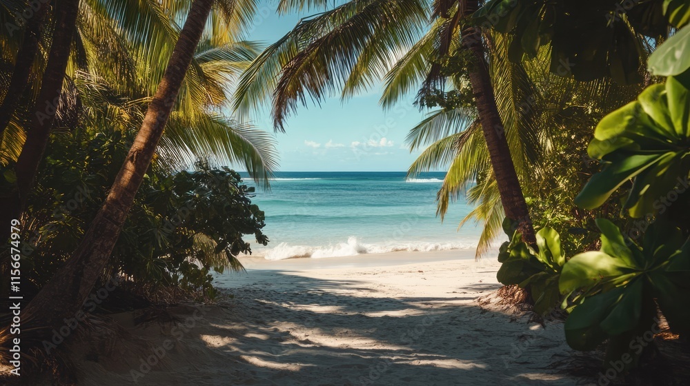 Aufkleber tropical paradise entrance with palm trees framing serene ocean view and sandy beach inviting relaxa
