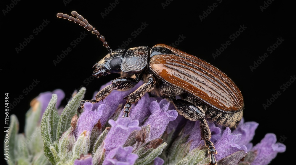 Poster macro shot of trichodes apiarius beetle on lavender flowers showcasing intricate details of its anat