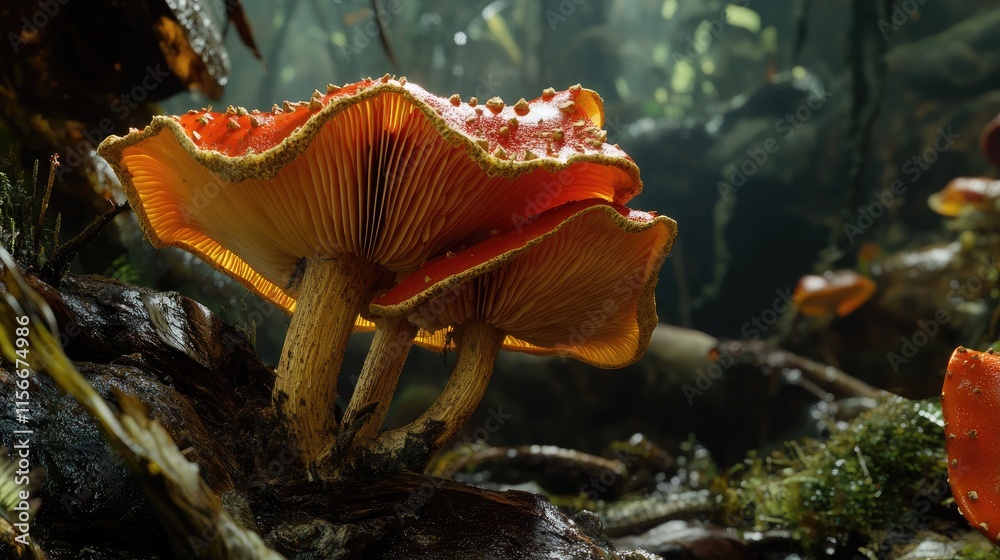 Poster vibrant tricholoma terreum wild mushroom showcasing its unique colors and textures in a lush forest 