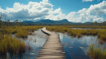 Regenerative travel on an ecotrail wooden path through serene swamps surrounded by lush greenery and distant mountains under a sunny sky