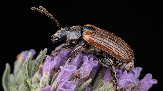 Macro shot of Trichodes apiarius beetle on lavender flowers showcasing intricate details of its anatomy and vibrant coloration in nature.